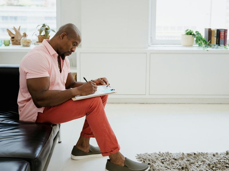 A person sitting calmly in a well-lit room, focused on a task.